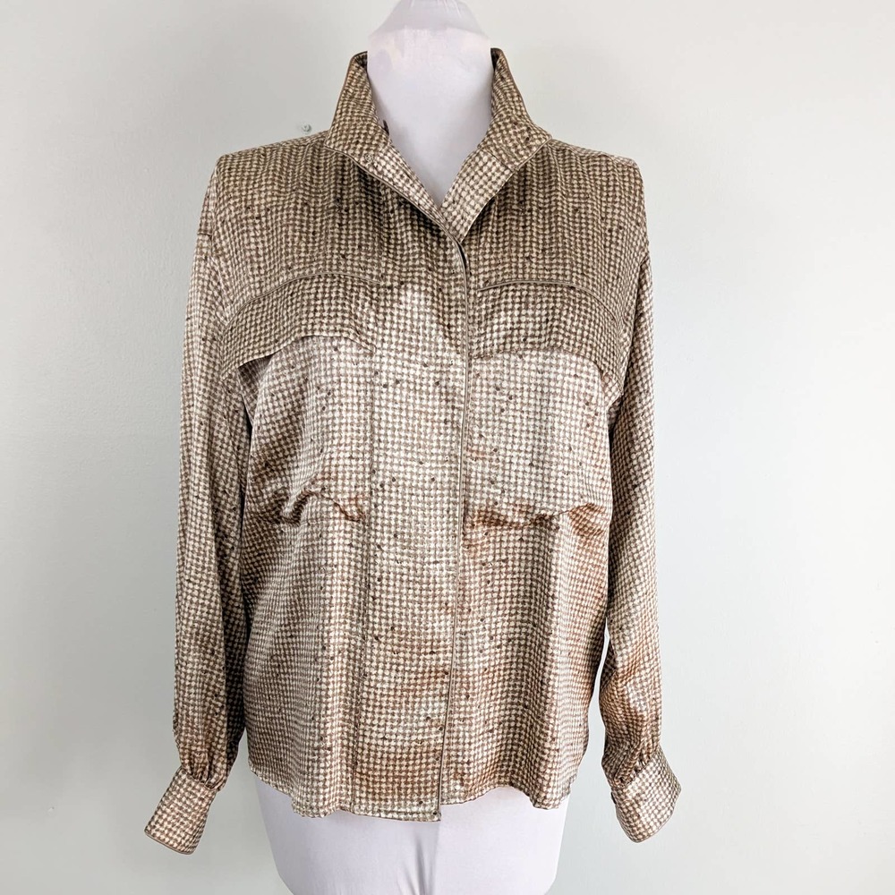 Vintage Linda Allard Ellen Tracy Silk Blouse Top Shirt Button Long Brown 90s 8 - Picture 1 of 14